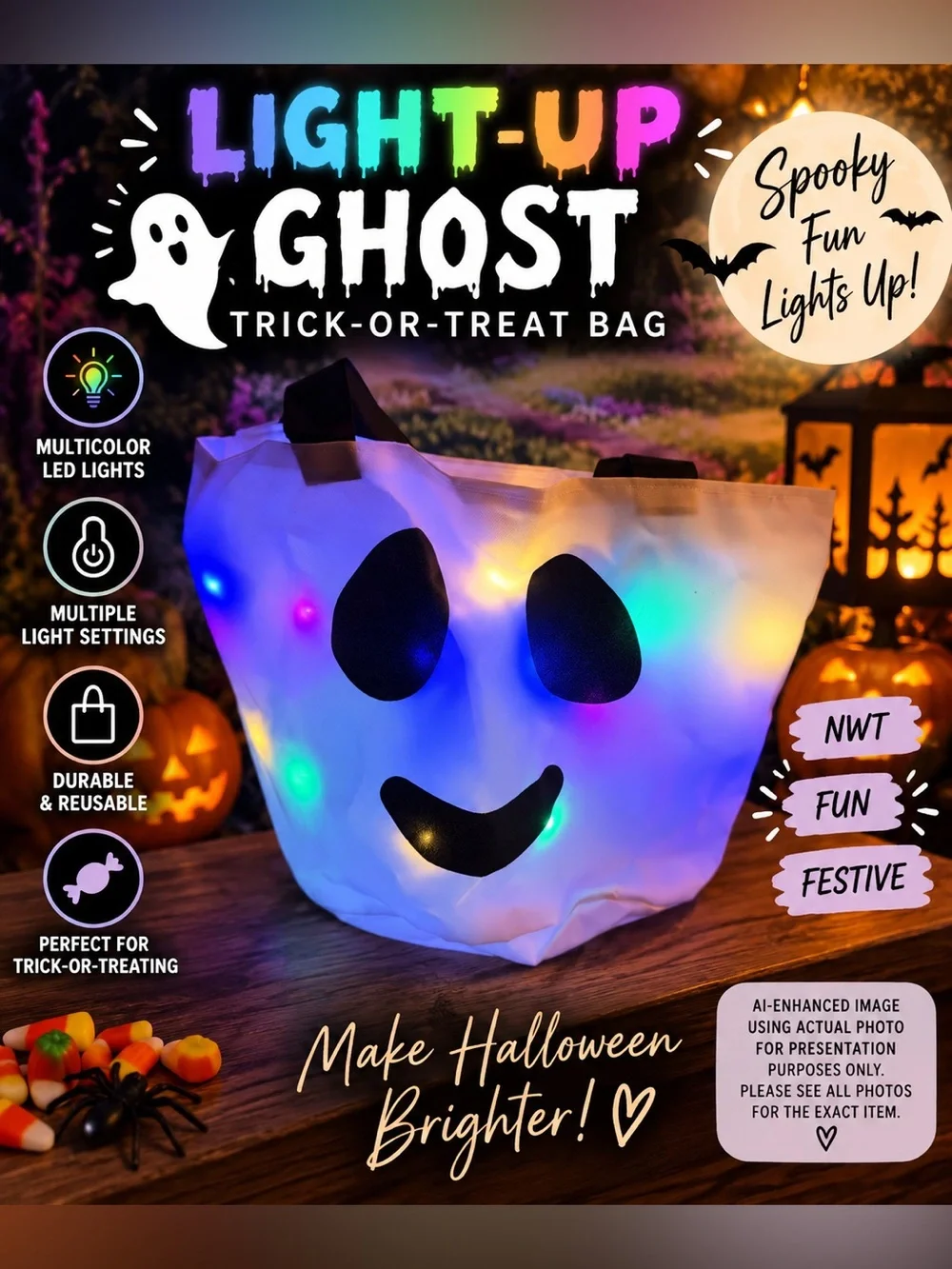 Light-Up Ghost Trick-or-Treat Bag & Glows Multicolor!